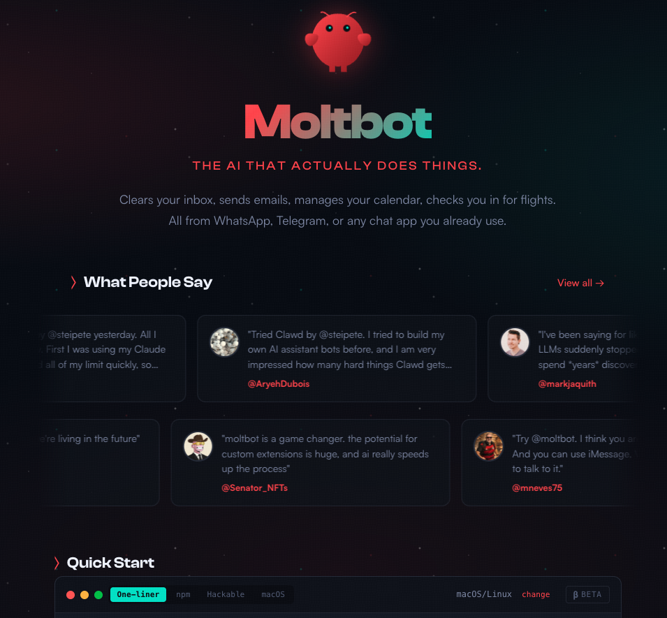 Clawdbot项目官网截图,展示其跨平台AI助手功能