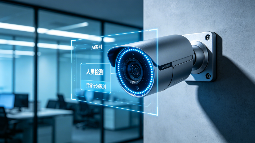 监控摄像头特写，叠加半透明AI识别界面