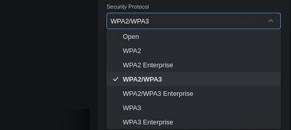 安全协议下拉菜单中WPA2/WPA3被选中