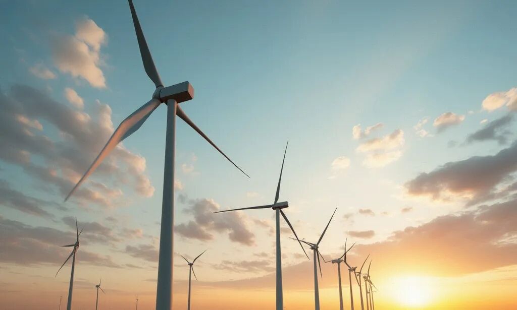 风力发电机与夕阳下的清洁能源景观