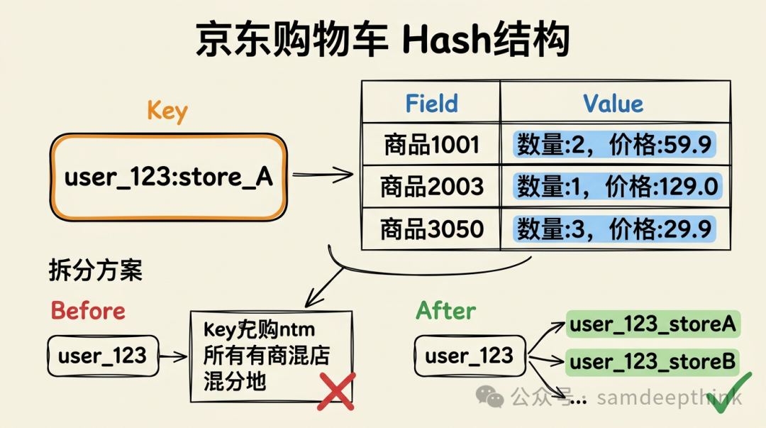 京东购物车Hash结构拆分方案示意图
