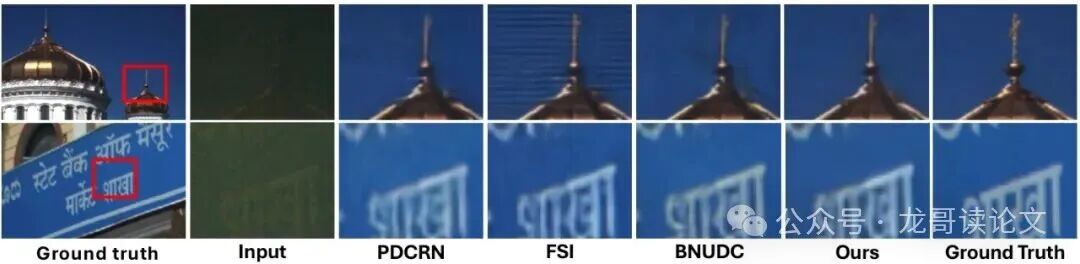 POLED数据集定性对比：UCMNet在建筑细节和文字恢复上表现最佳