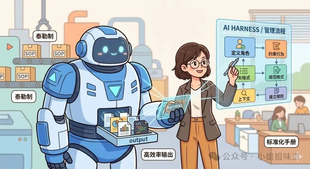 AI管理流程示意图：工程师向机器人讲解包含定义角色、约束行为等步骤的流程