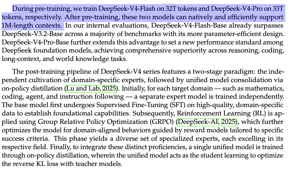 DeepSeek-V4预训练与后训练流程说明图