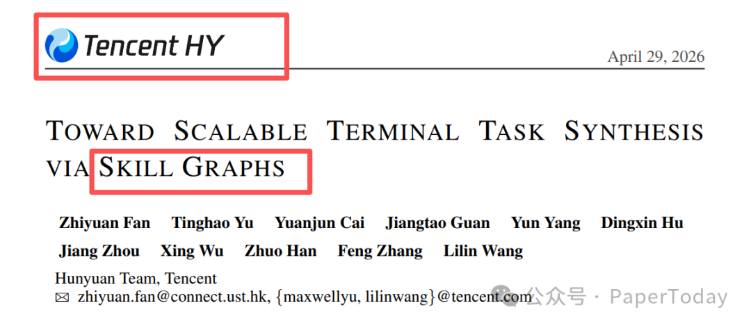 腾讯混元Skill Graphs论文封面，标题为Toward Scalable Terminal Task Synthesis via Skill Graphs，作者列表及Hunyuan Team信息