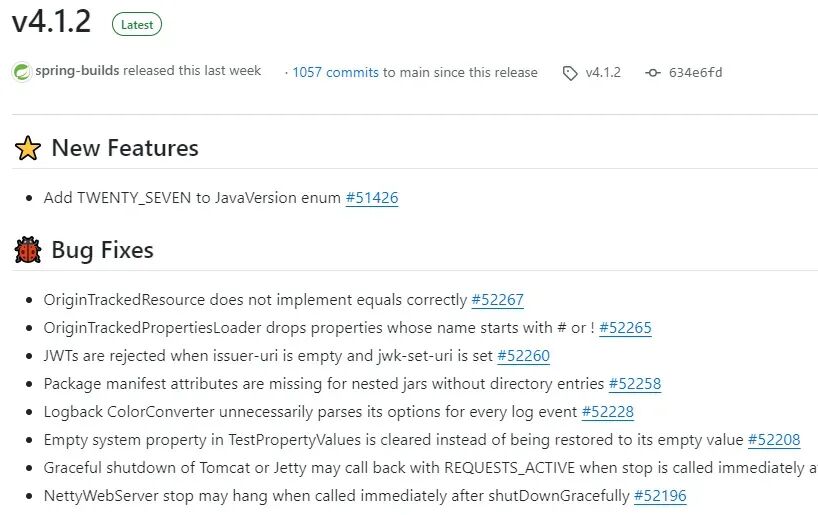 Spring Boot 4.1.2 发布说明截图：JavaVersion 新增 TWENTY_SEVEN 枚举