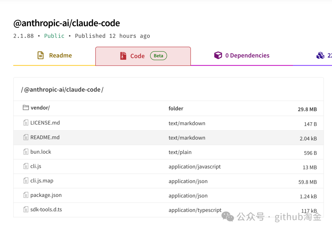 Claude Code 官方 npm 包页面截图