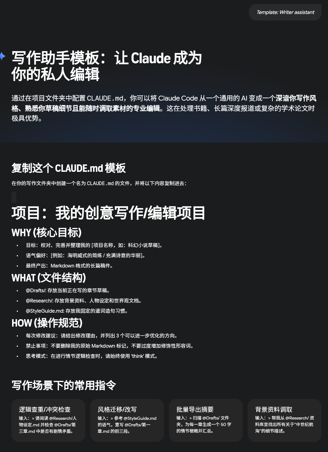 提供写作助手模板，展示如何通过CLAUDE.md让Claude成为私人编辑