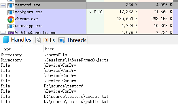 父进程testcmd.exe的句柄列表,包含secret.txt和public.txt