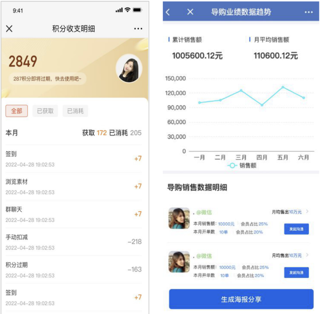 积分明细与销售业绩数据看板截图