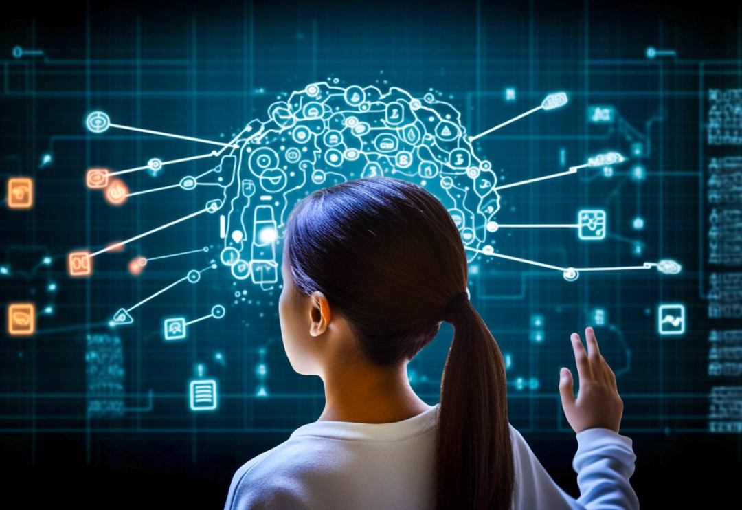 一位女性面对复杂数字屏幕