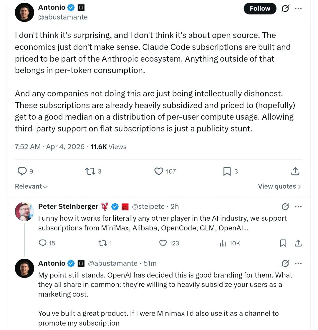 关于AI订阅商业模式与第三方工具经济的讨论推文截图