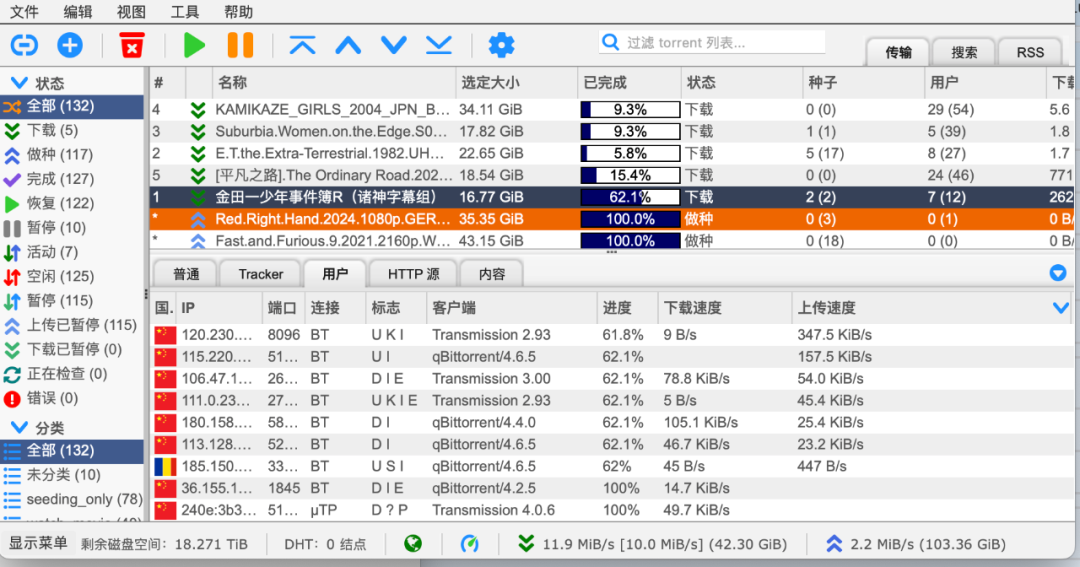 qBittorrent下载客户端界面截图,显示多个任务正在活跃下载和做种