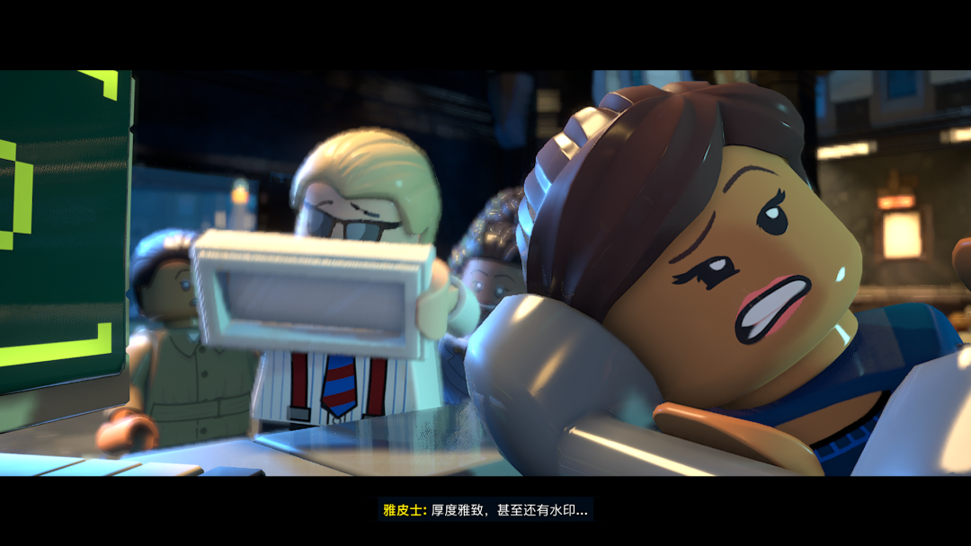 乐高角色在昏暗室内场景中的对话