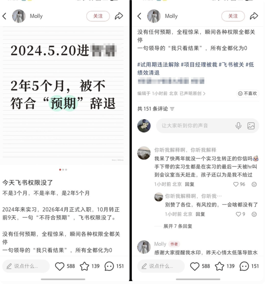 转正前9天被不符合预期辞退的小红书帖子截图