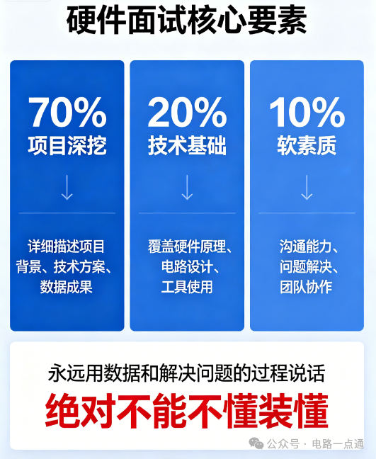 硬件工程师面试核心要素与考察比例：70%项目深挖，20%技术基础，10%软素质