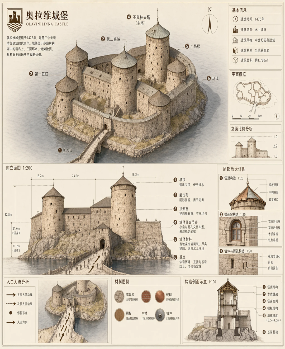 中文文字渲染示例:奥拉维城堡建筑分析信息图