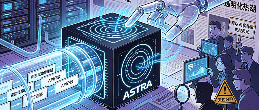 OpenAI Astra循环深度技术概念图,展示黑色立方体设备与风险警示