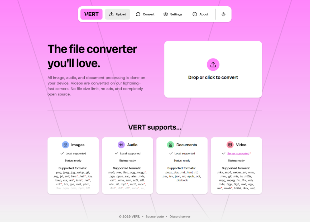 VERT 官网界面，展示支持的文件格式