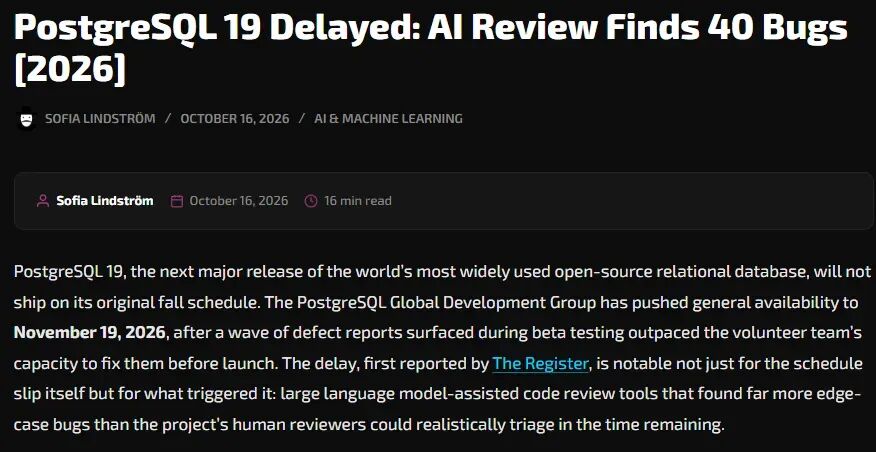 PostgreSQL 19 延期公告:AI 审查发现 40 个 Bug