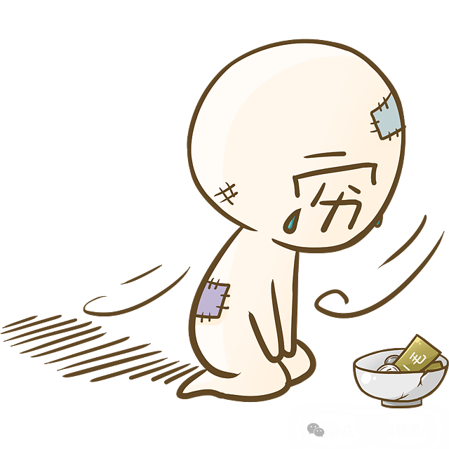 卡通角色悲伤地坐在金币碗旁