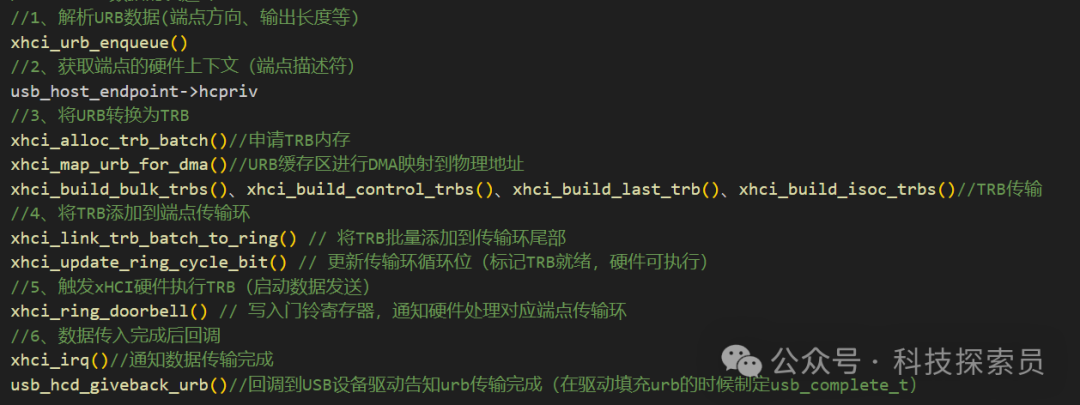 HCD将URB转为TRB发送流程代码图