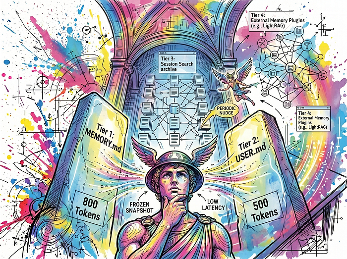 四层记忆系统分层架构图：第一层 MEMORY.md、第二层 USER.md、第三层 Session Search、第四层 External Memory Plugins