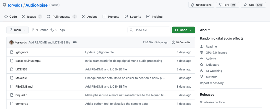 AudioNoise项目在GitHub的主页截图