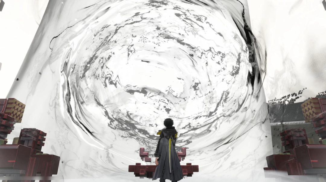 角色背对镜头，面对巨大的黑白能量漩涡