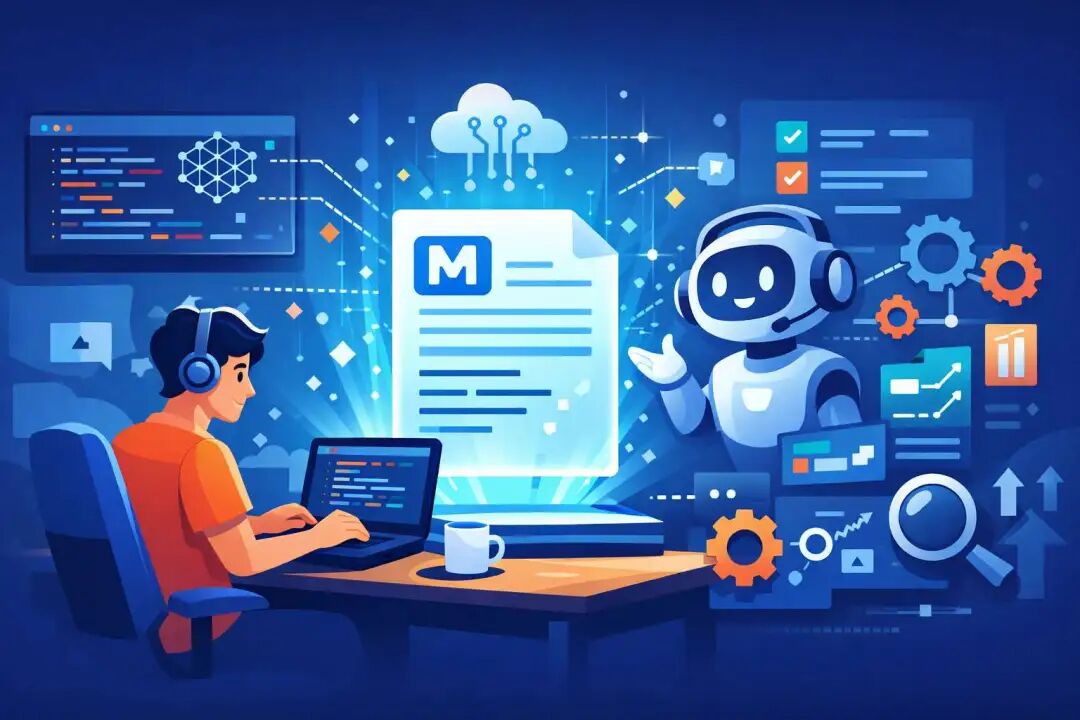 程序员与AI助手协作的科技插画