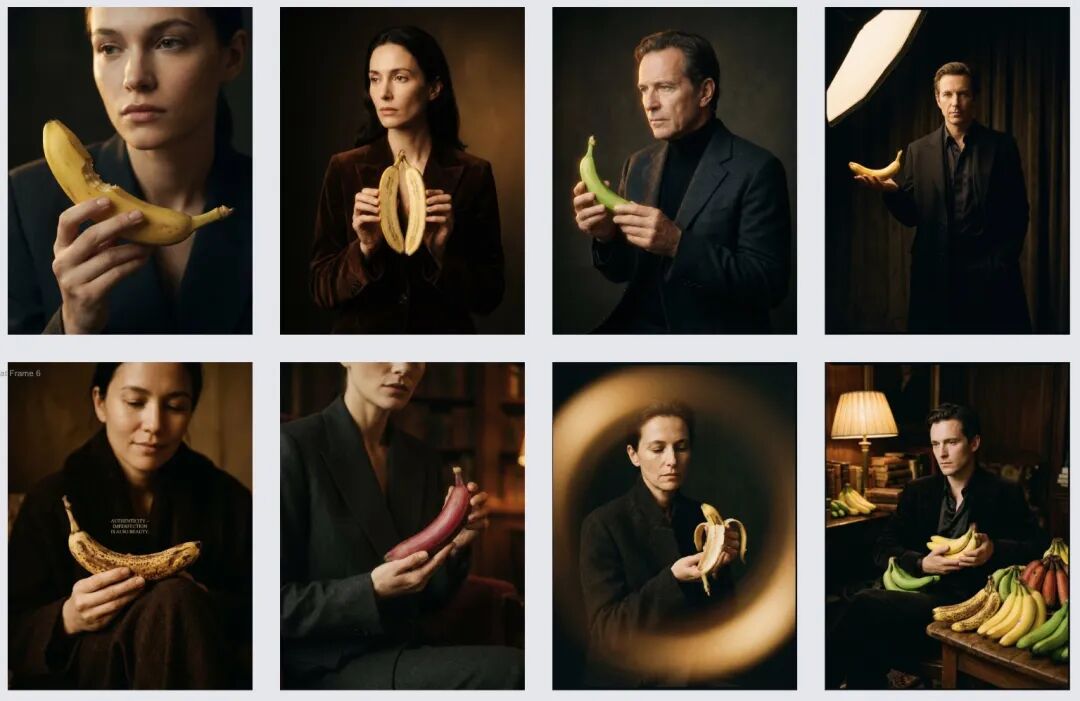 一系列人物手持香蕉的暗调艺术肖像，风格统一