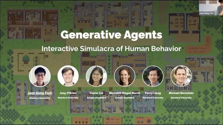 Generative Agents论文演示幻灯片，展示主题与六位斯坦福及谷歌DeepMind作者头像