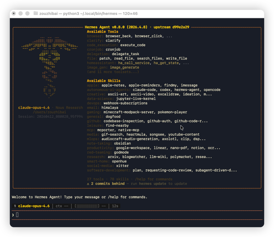 Hermes Agent启动成功后的欢迎界面,显示可用工具和技能