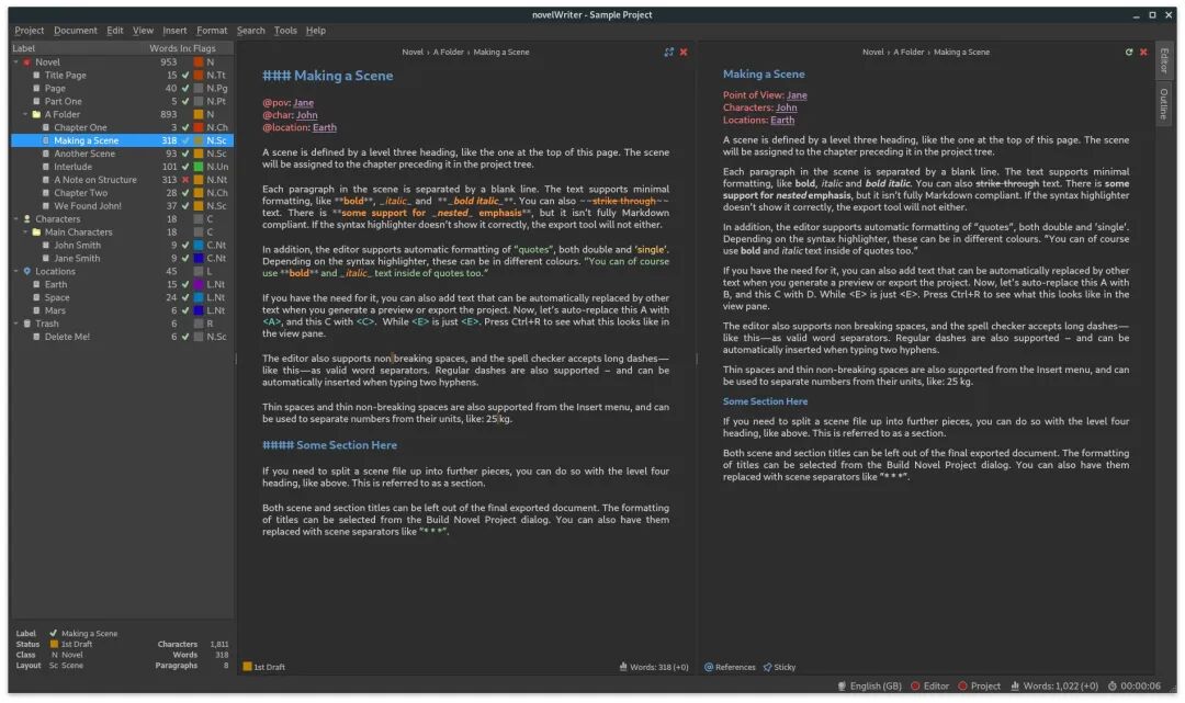 novelWriter 编辑界面，展示项目管理面板与详细的格式支持说明