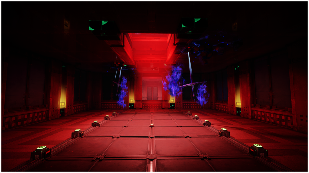 红色灯光笼罩的科幻室内场景，有蓝色烟雾特效