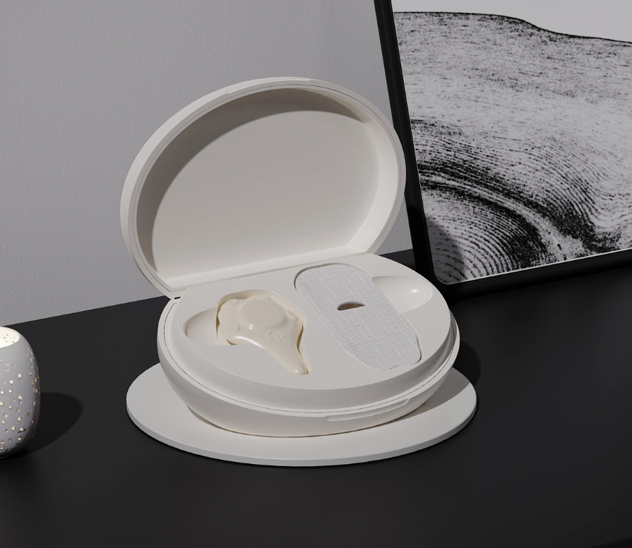 打开的白色椭圆形收纳盒，内含不规则形状设备与贴片