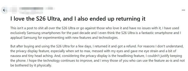英文用户社区讨论S26 Ultra防窥屏导致眼疲劳的截图