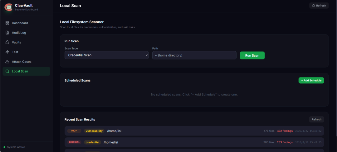 ClawVault本地扫描结果，高危漏洞和凭证扫描详情