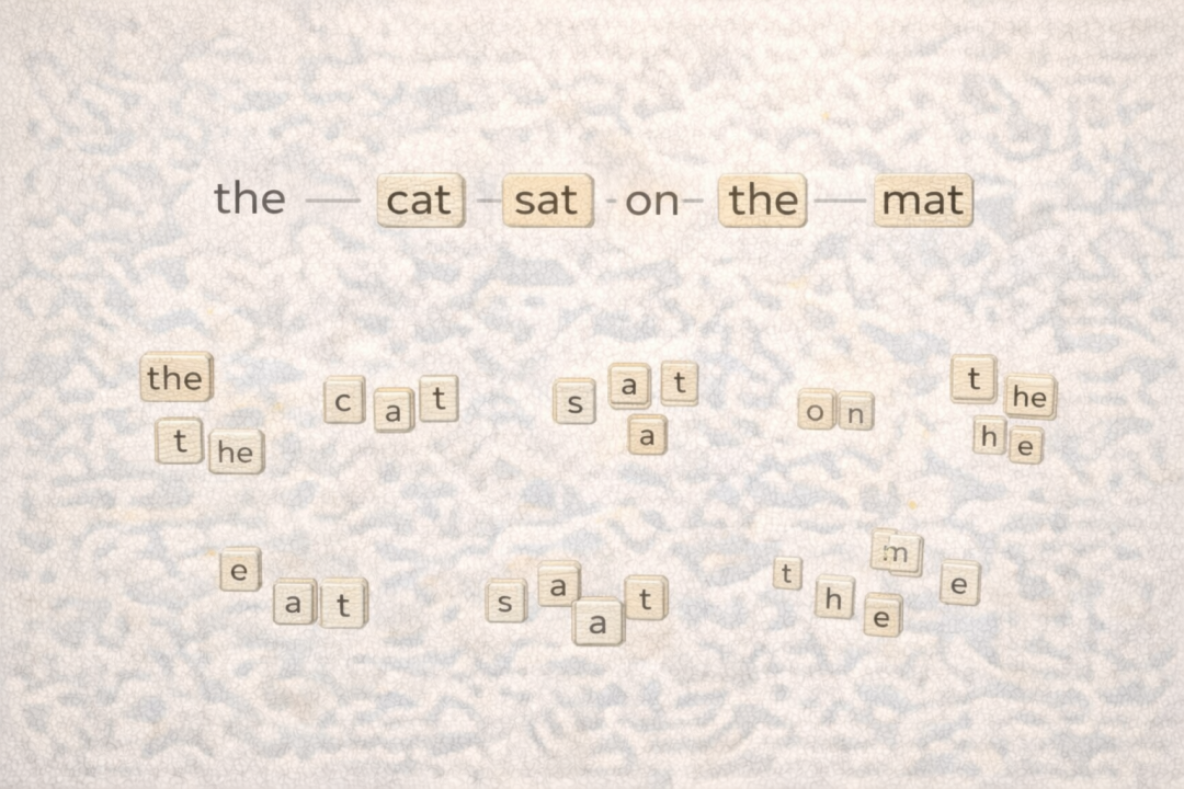 分词示例：句子“the cat sat on the mat”被拆分为单词积木