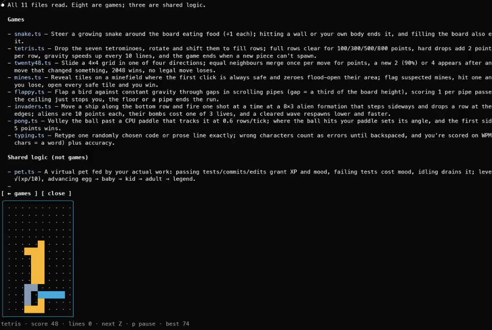 Claude Mod 终端中运行的俄罗斯方块游戏
