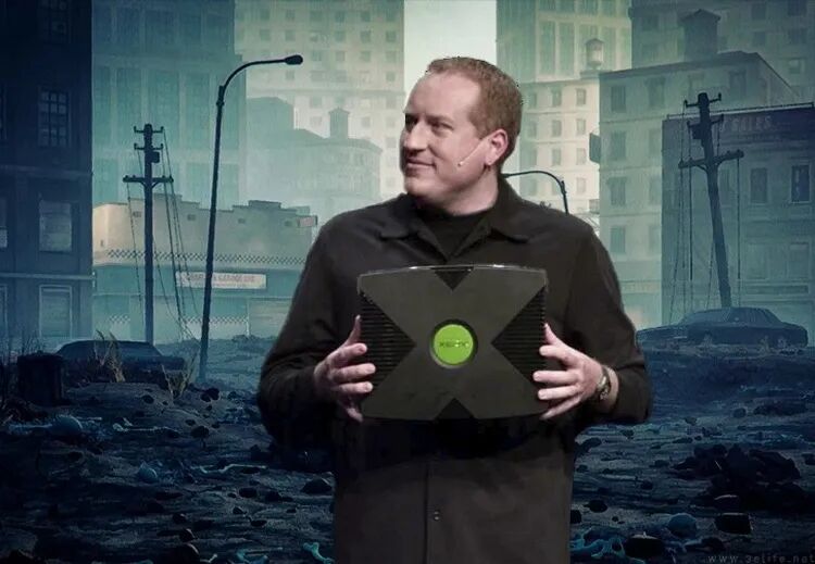 手持Xbox主机的人物站在废墟背景前