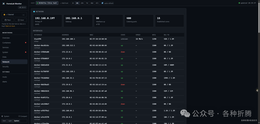 网络监控界面,展示主机的 IP、网关,以及所有网络接口的详细状态和流量统计