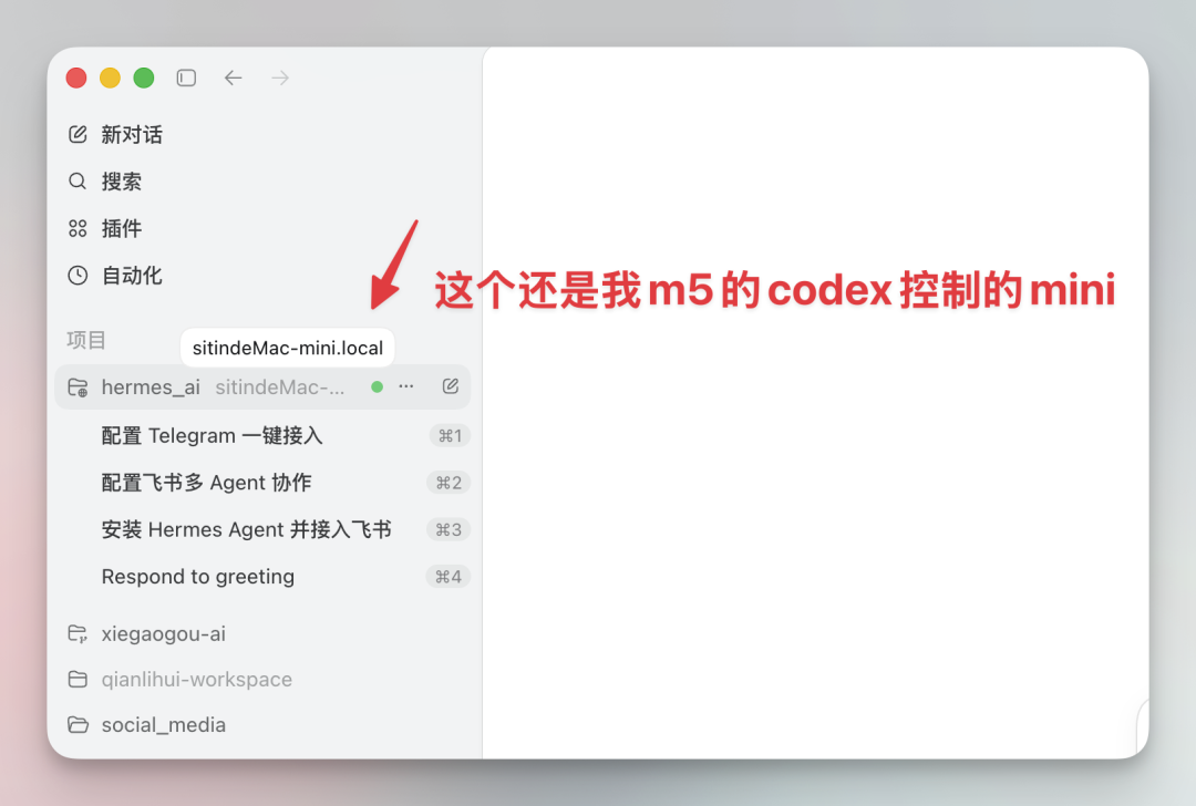 Codex侧边栏显示远程Mac mini项目及对话历史