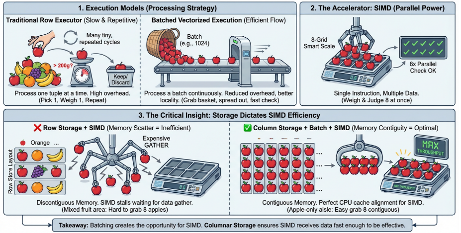 向量化执行模型对比：逐行处理 vs 批处理 vs SIMD 与列存储重要性