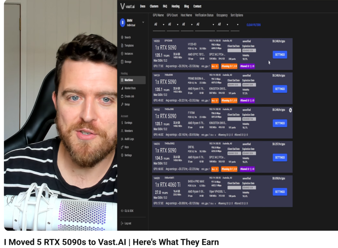Vast.ai GPU租赁平台界面