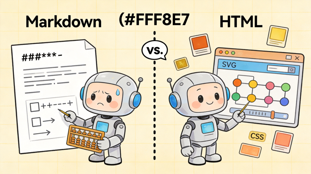 Markdown与HTML的卡通对比插画