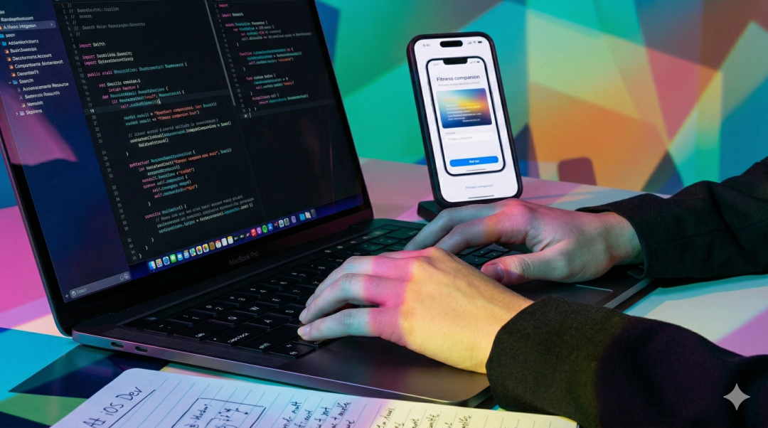 开发环境：MacBook上运行Xcode，旁边放置显示App界面的iPhone，手写笔记记录开发思路