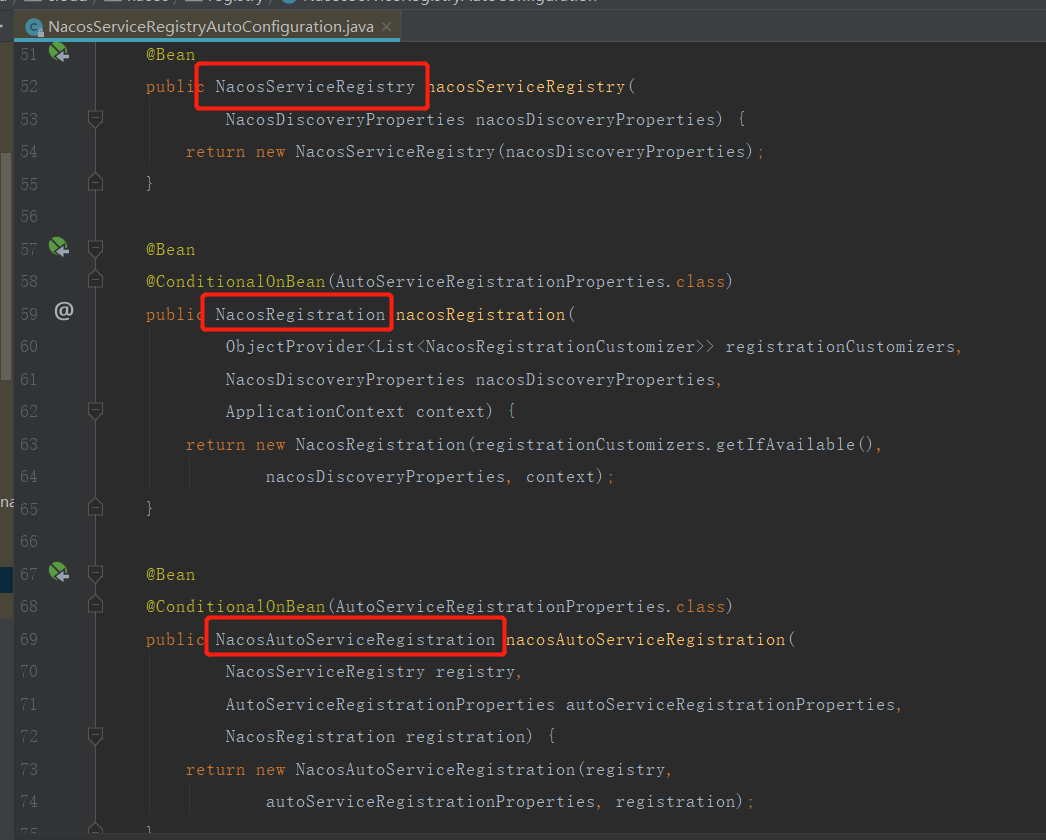 NacosServiceRegistryAutoConfiguration配置类，定义了三个核心Bean