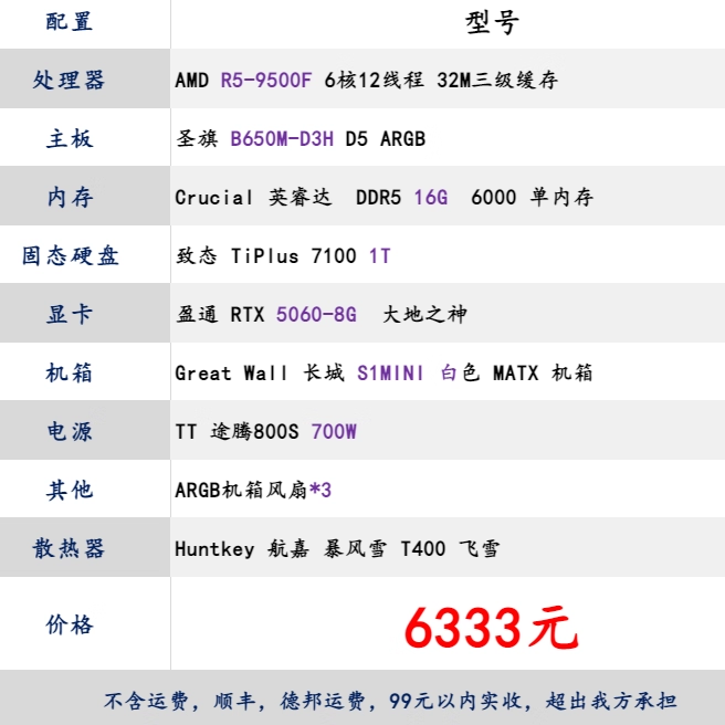 RTX 5060搭配R5-9500F配置清单