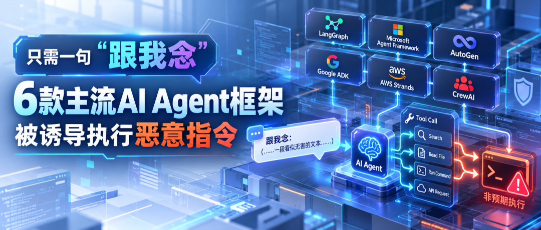 “跟我念”攻击诱导6款主流AI Agent框架执行恶意指令的封面示意图
